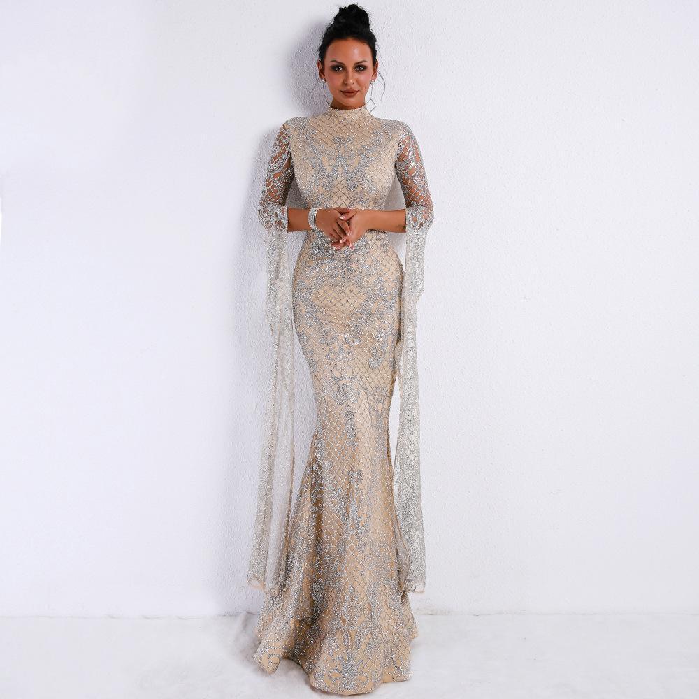 Silver High Collar Long Sleeve Flash Dusting Elegant Red Carpet Maxi Dress