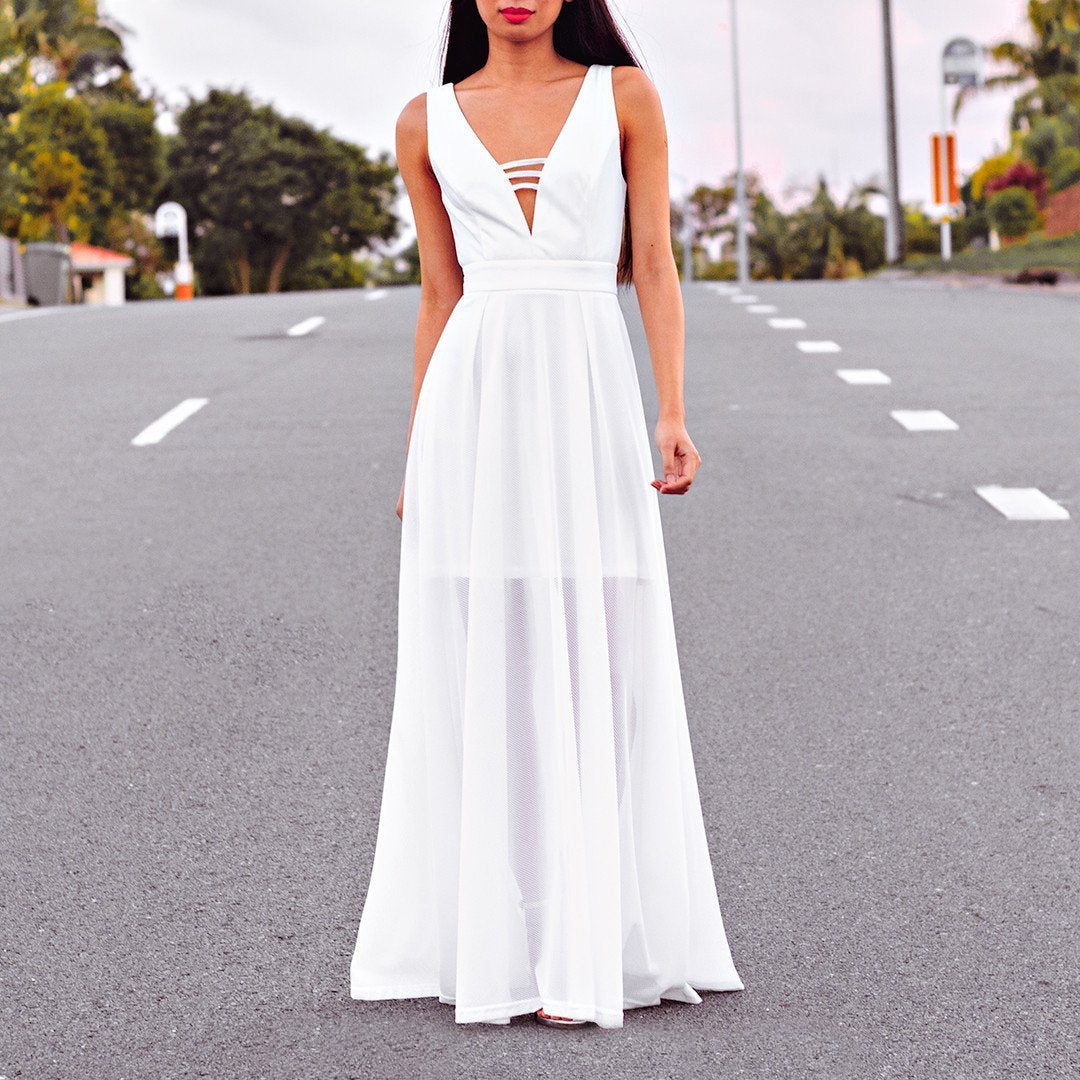 White Deep V Neck Sleeveless Chiffon Evening Maxi Dress