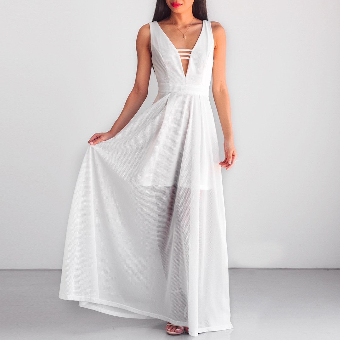 White Deep V Neck Sleeveless Chiffon Evening Maxi Dress