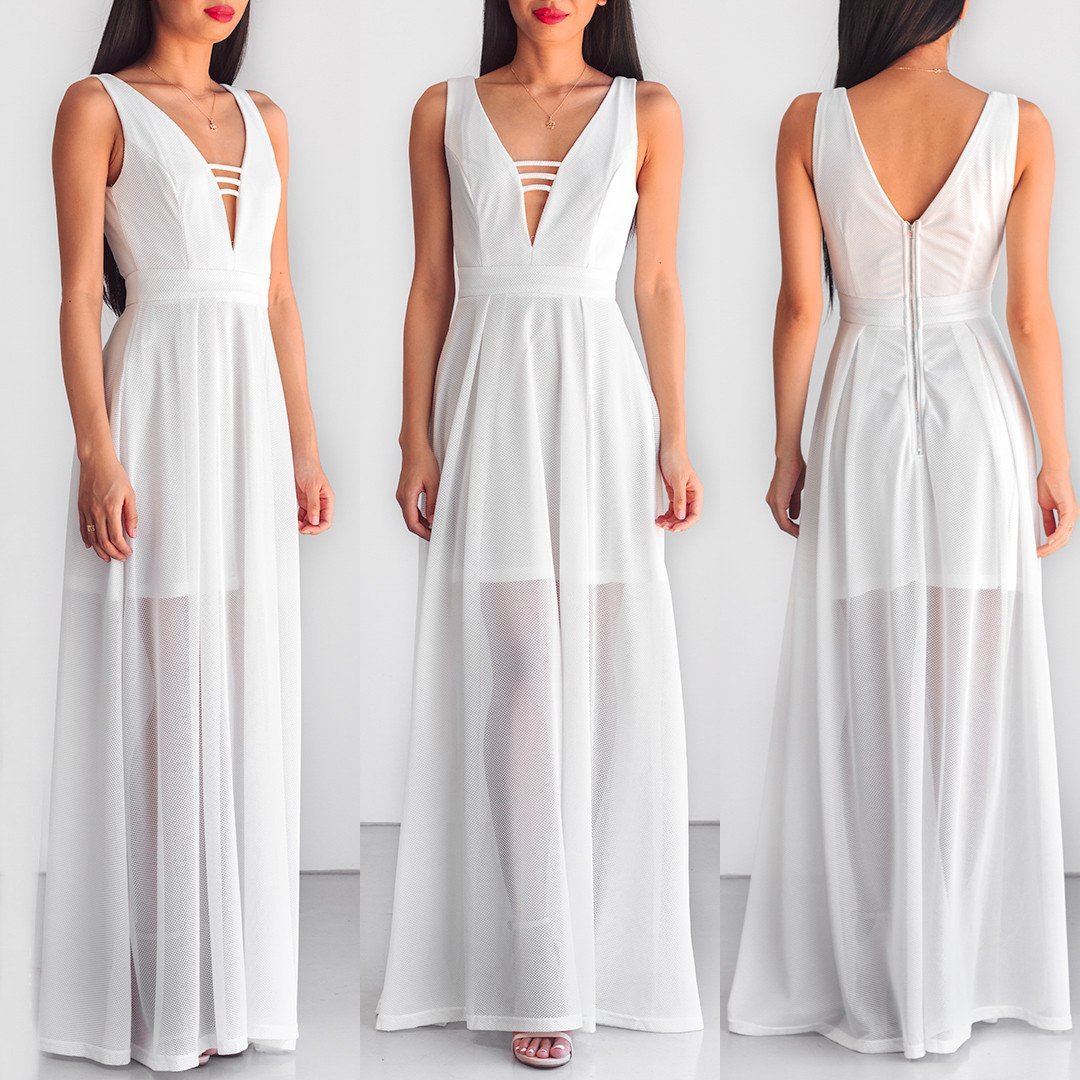 White Deep V Neck Sleeveless Chiffon Evening Maxi Dress