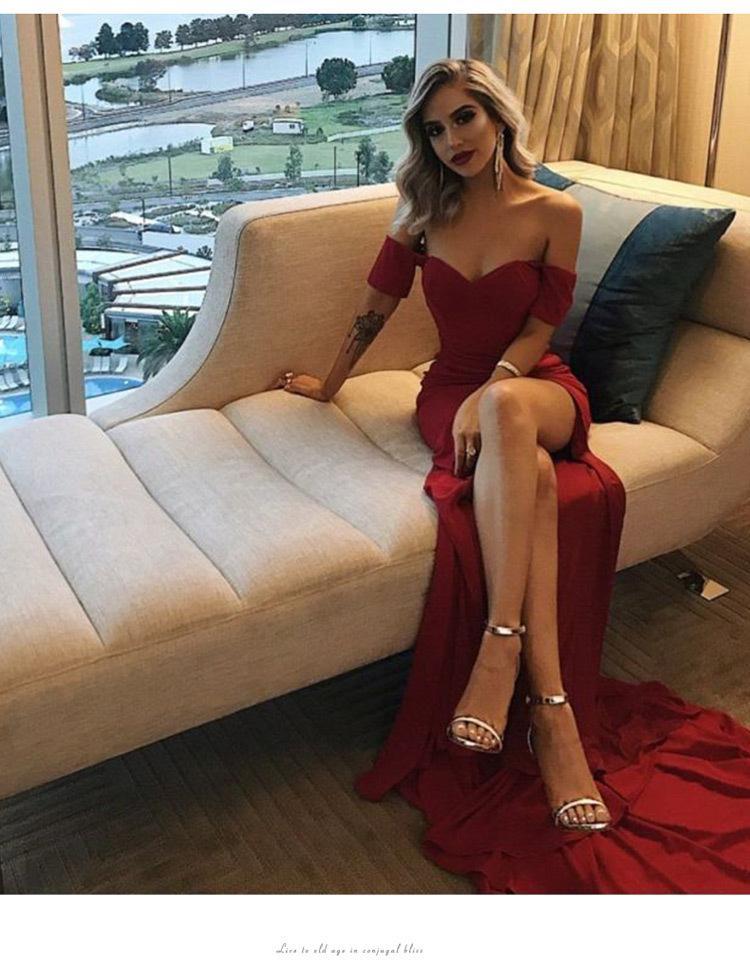 Red Off Shoulder Split Evening Party Maxi Dress