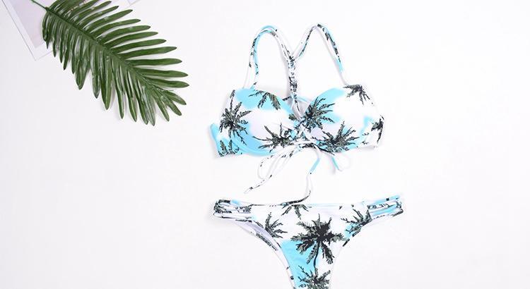 Sexy Split Bikini Braided Straps Coconut Tree Print Swimsuit