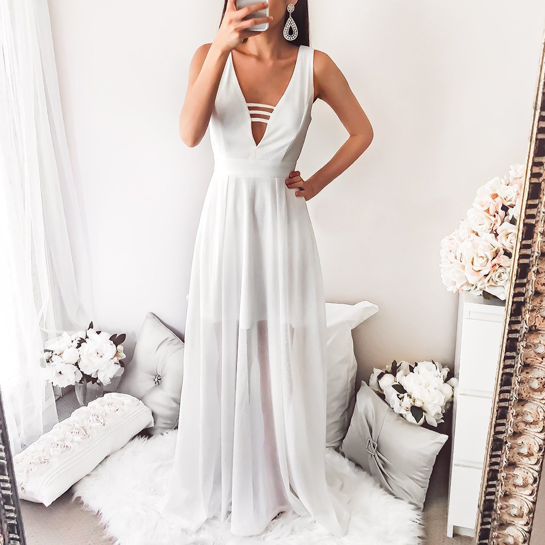 White Deep V Neck Sleeveless Chiffon Evening Maxi Dress