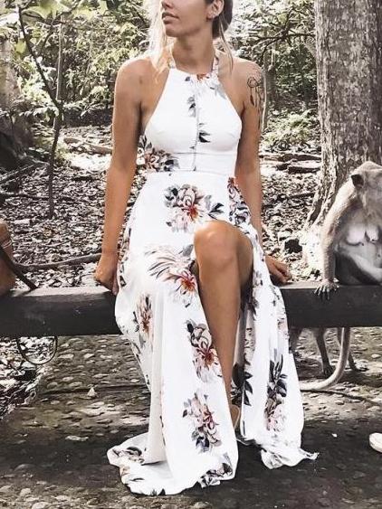 Large Flower Floral Lace-up Halter Chiffon Maxi Dress