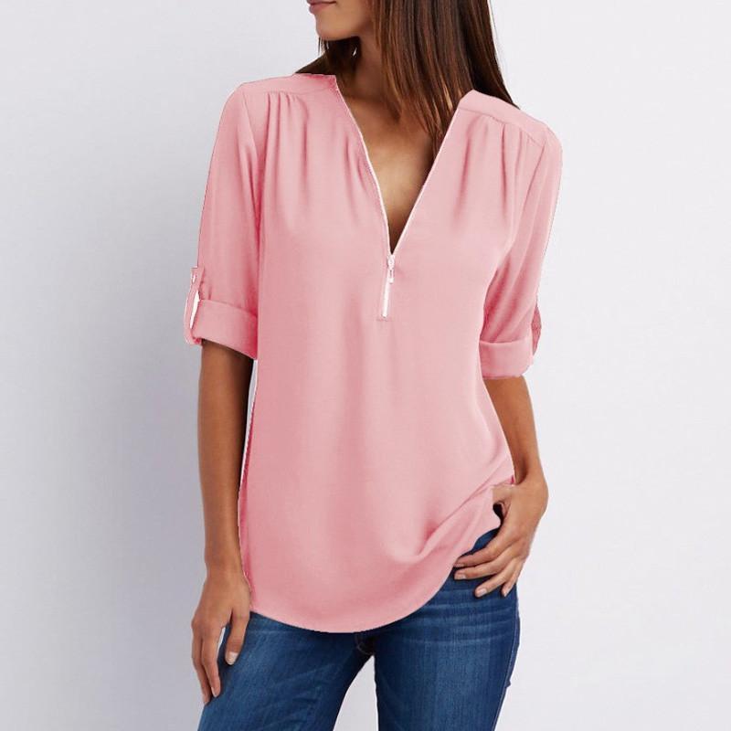 Solid Color V Neck Summer T Shirt Blouse