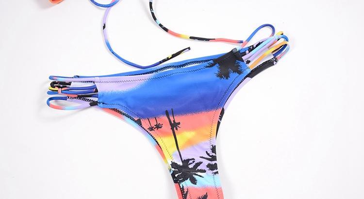 Sexy Split Bikini Braided Straps Coconut Tree Print Swimsuit