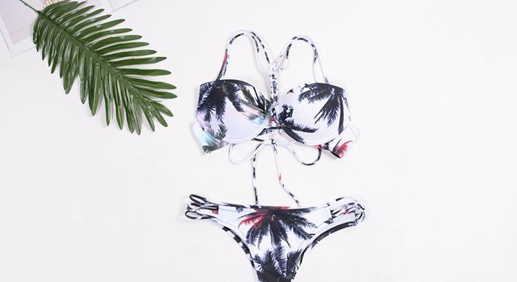 Sexy Split Bikini Braided Straps Coconut Tree Print Swimsuit