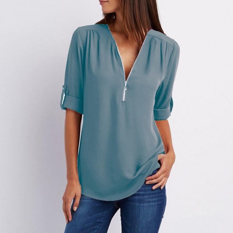 Solid Color V Neck Summer T Shirt Blouse