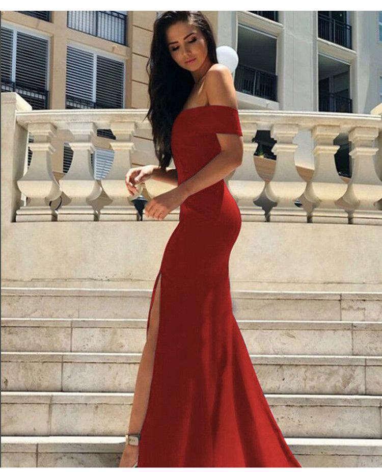 Red Off Shoulder Split Evening Party Maxi Dress