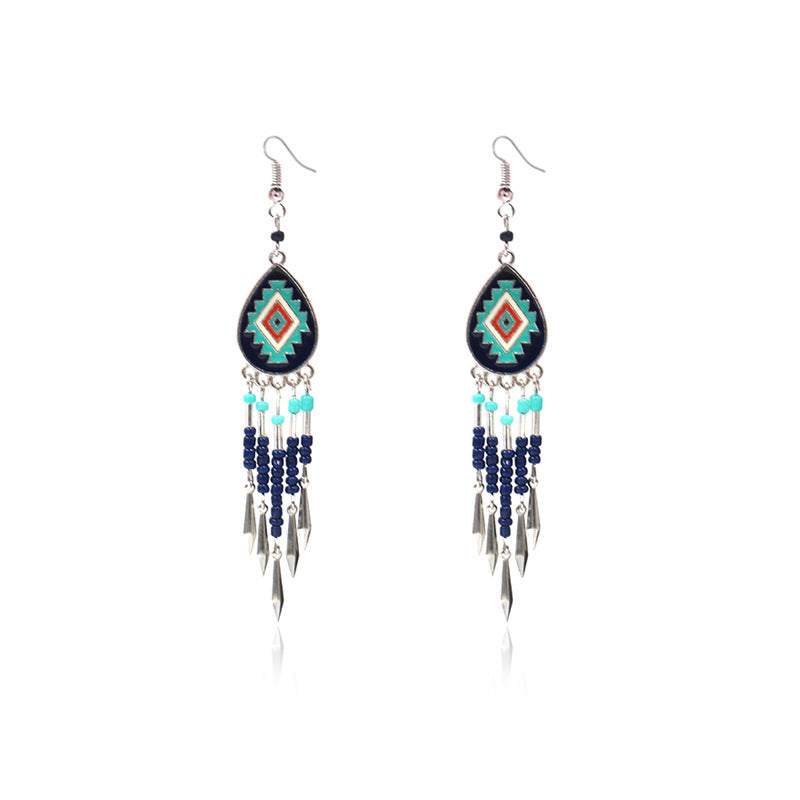 Alloy earringsbohemian oval hand-woven beaded tassel earrings