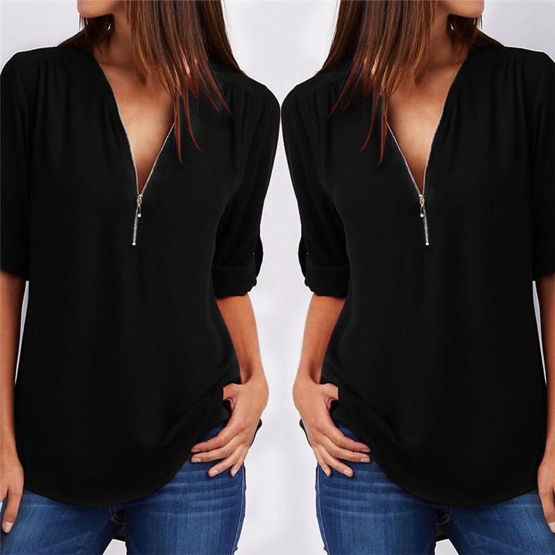 Solid Color V Neck Summer T Shirt Blouse