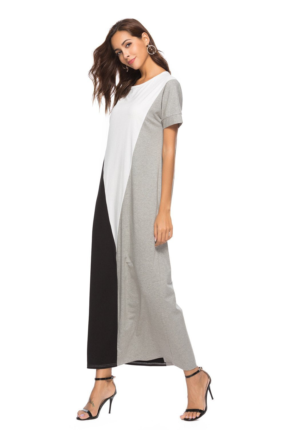 Round Neck Short Sleeve Splice Full Length Dress