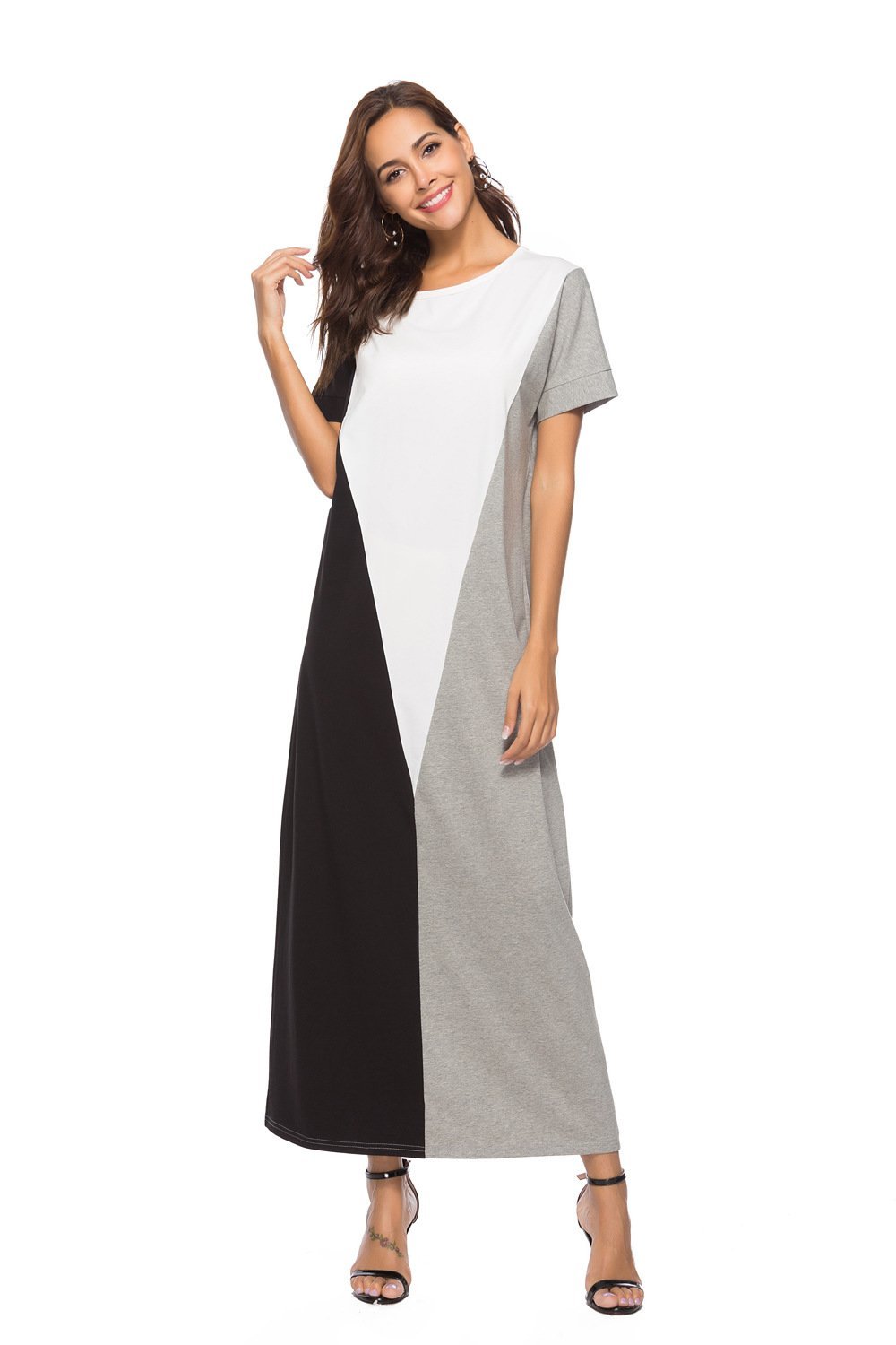 Round Neck Short Sleeve Splice Full Length Dress