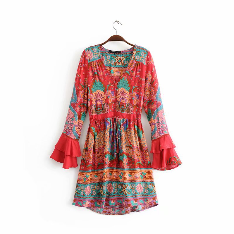 Boho Red Floral Print Flare Sleeve Mini Dress