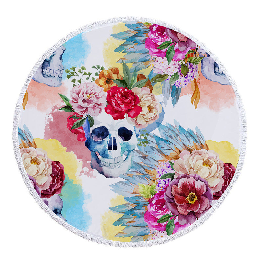 Boho Skull Floral Print Round Yoga Mat Print Tassel Summer Beach Towel