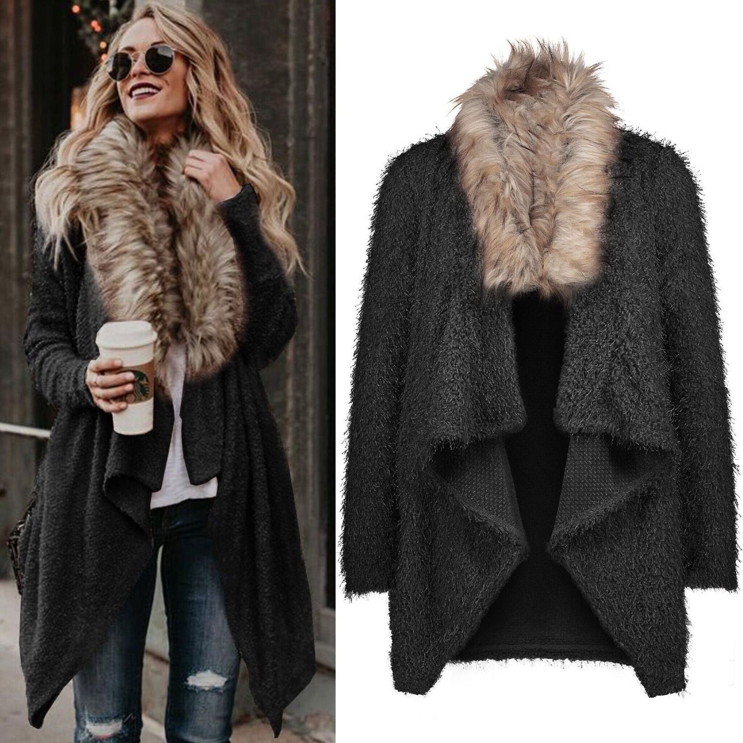 Open Front Faux Fur Collar Cardigan Coat