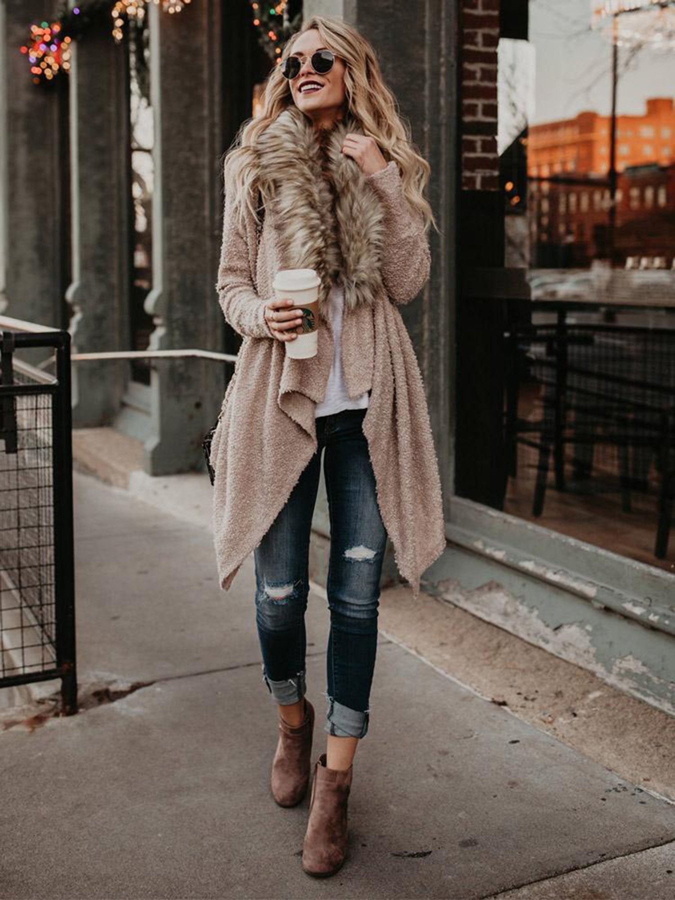 Open Front Faux Fur Collar Cardigan Coat