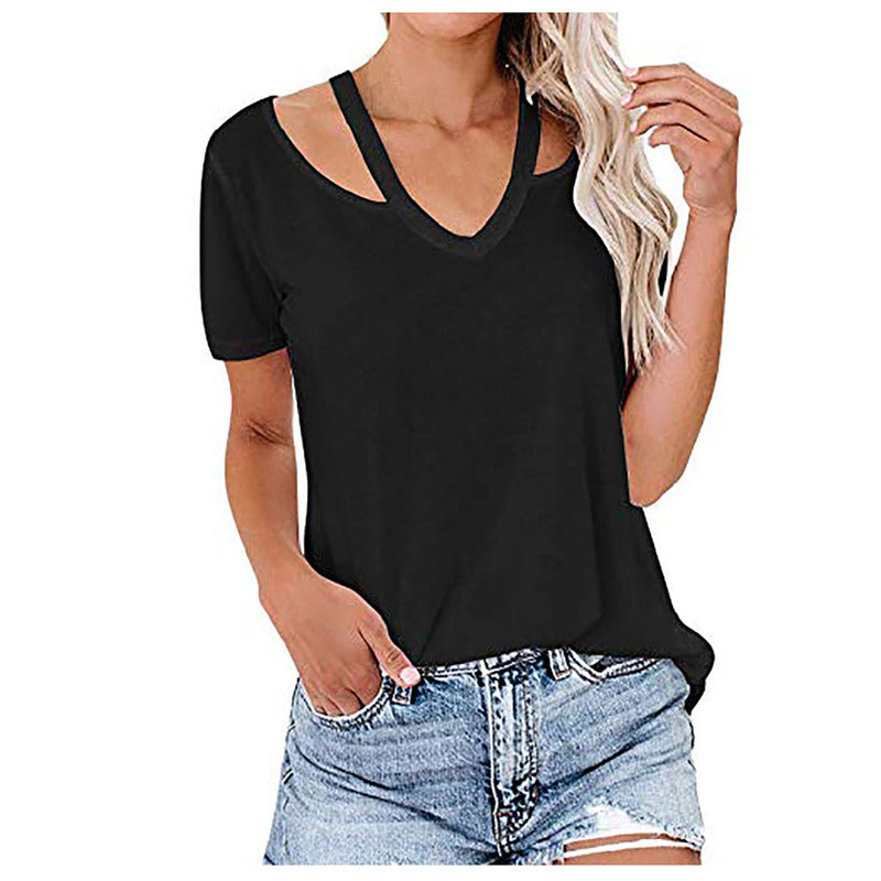 Women's Solid Color Strapless Short-sleeved Tops V-neck T-shirt