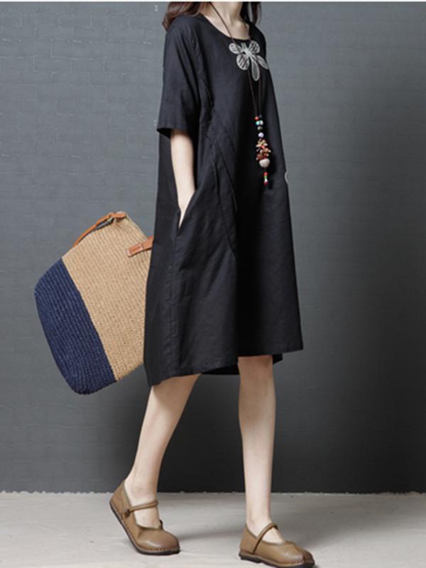 Linen Cotton Short Sleeve Loose Pockets Dress