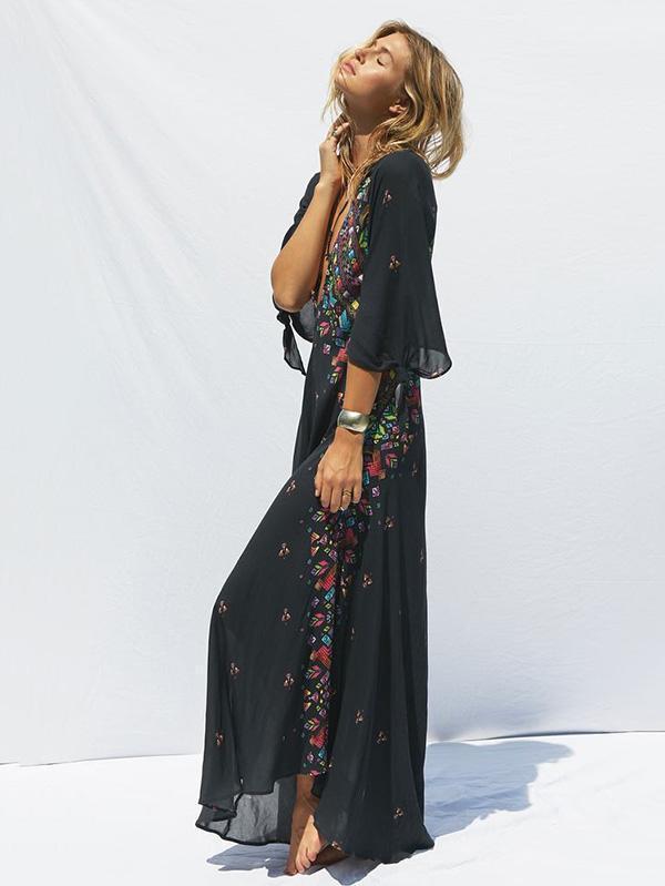 New PRINT DEEP V NECK BOHEMIA BEACH MAXI DRESS