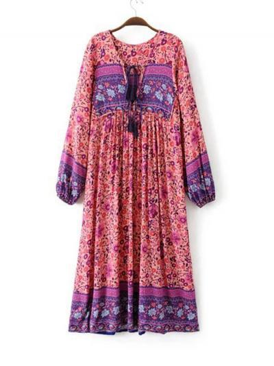 Women s Fashion Polyester Boho Tie Neck Long Sleeve Pleated Day Dress