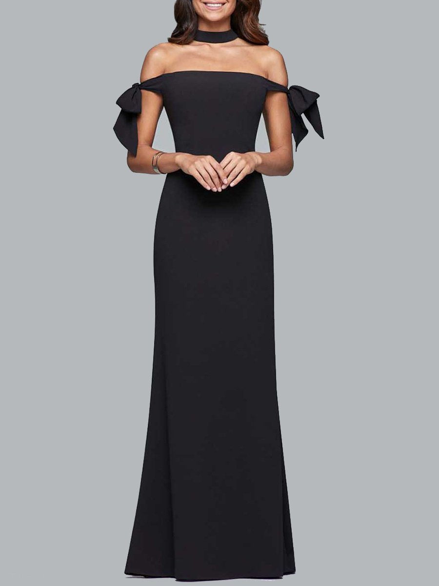 Off Shoulder Bowknot Side Slit Plain Evening Dress