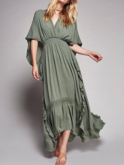 V Neck Short Sleeve High Waist Loose Maxi Dress