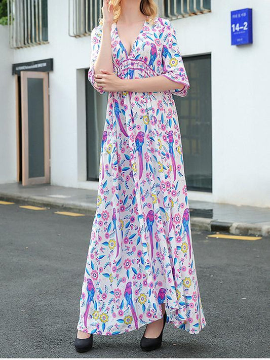 Elegant Printed V Neck Batwing Sleeve High Waist Maxi Long Dress