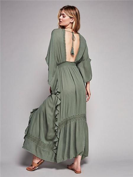 V Neck Short Sleeve High Waist Loose Maxi Dress