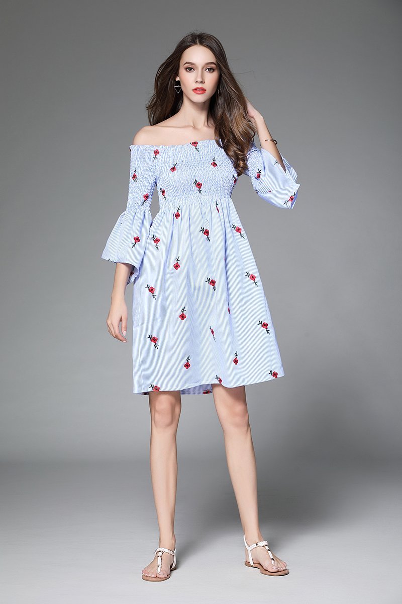 Off Shoulder Flower Embroidered New Casual Mini Dress