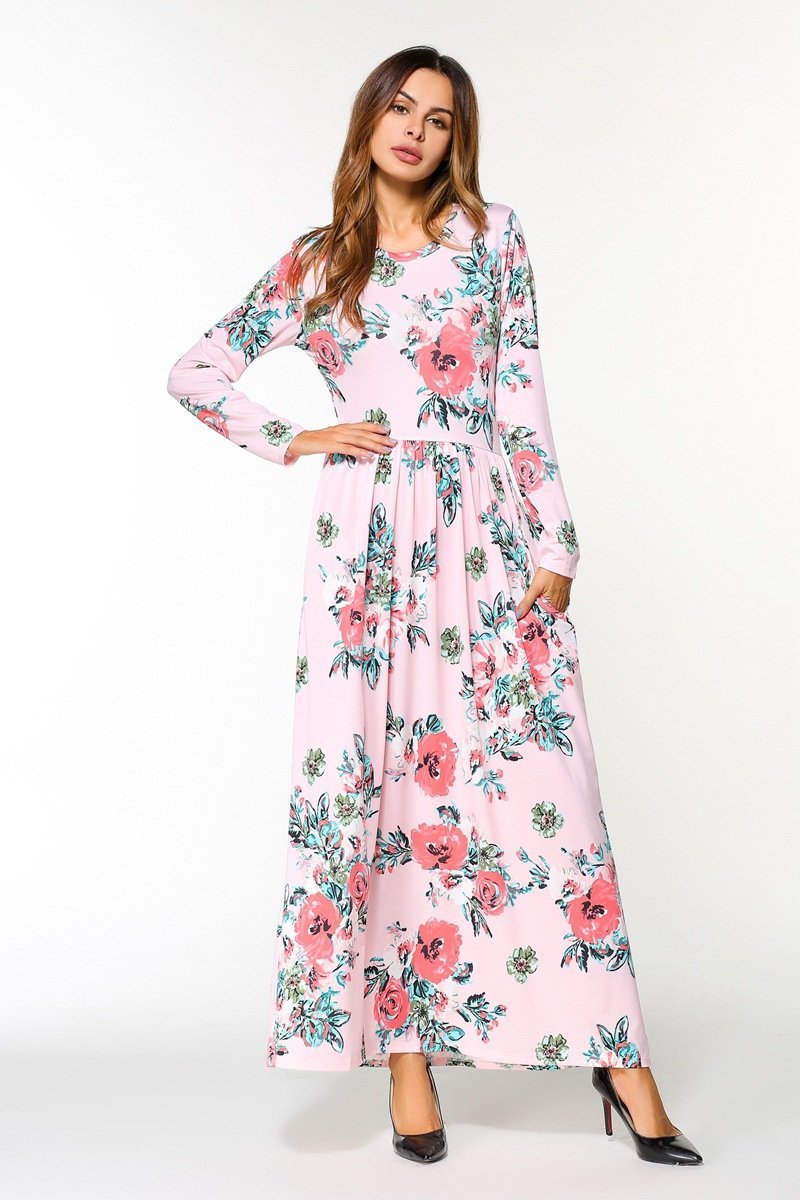 Elegant Floral Print Long Sleeve Round Neck Bohemia Maxi Dress