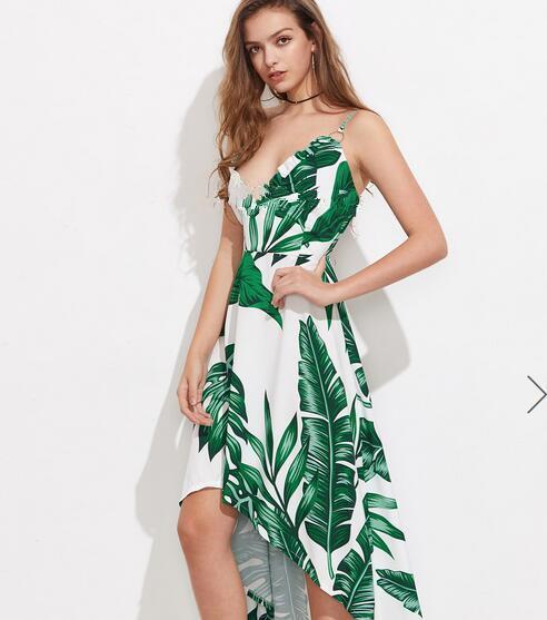 Sexy Printed Spaghetti Strap Sleeveless Irregular Beach Dress