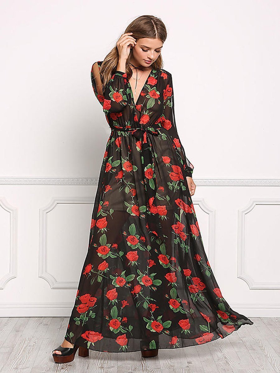 Floral Print V Neck Long Sleeve Belted Maxi Long Dress
