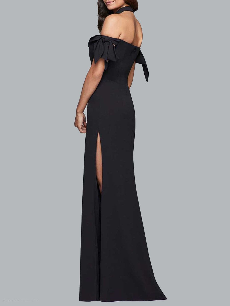 Off Shoulder Bowknot Side Slit Plain Evening Dress