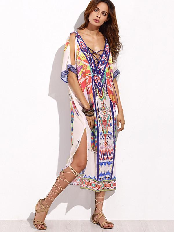 V-neckline Short Sleeves Maxi Print Bohemia Dress