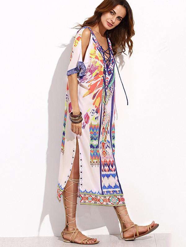 V-neckline Short Sleeves Maxi Print Bohemia Dress