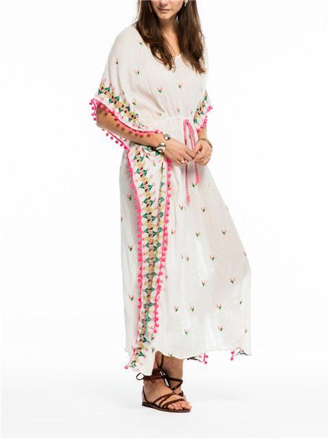 Bohemian embroidered ball pompoms drawstring tassel kimono-style dress