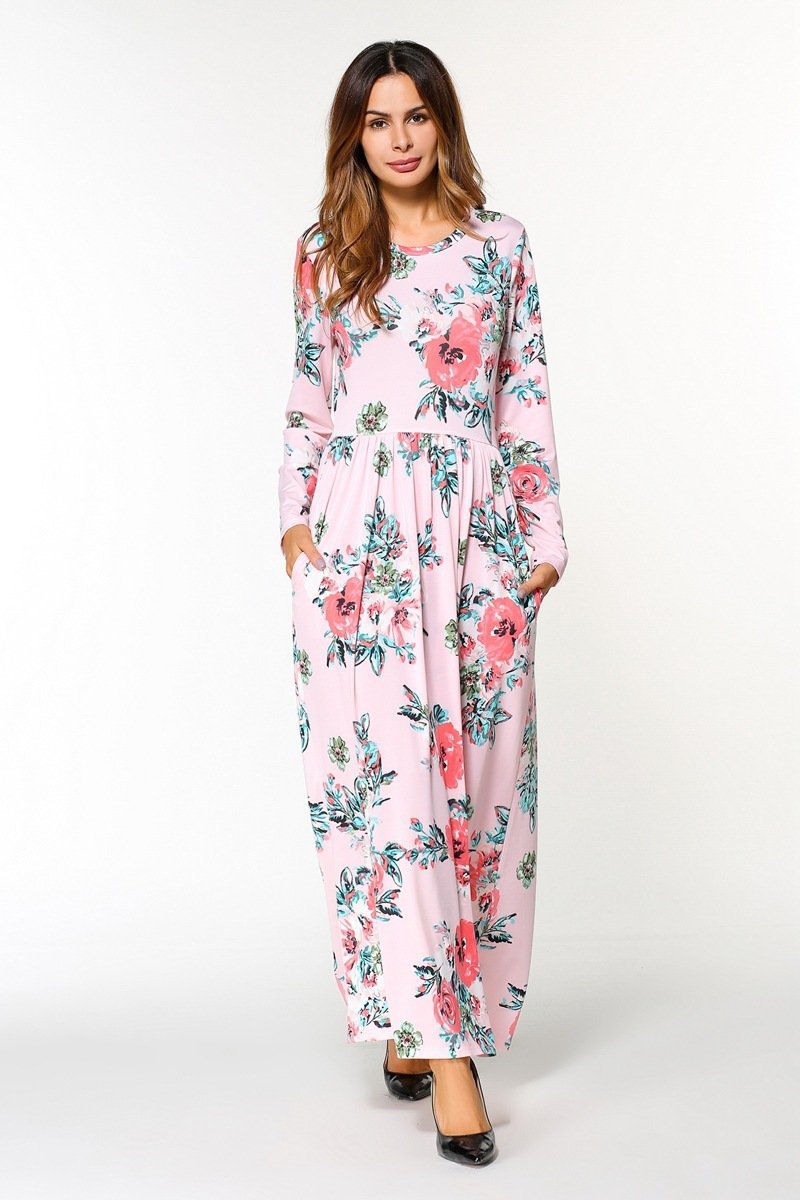 Elegant Floral Print Long Sleeve Round Neck Bohemia Maxi Dress