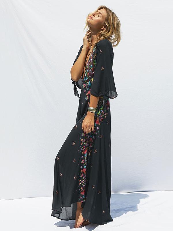 Print Deep V Neck Bohemia Beach Maxi Dress