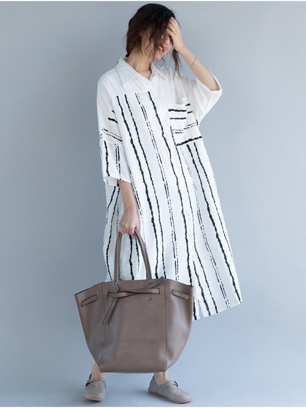 2018 Stripe Linen Cotton Loose Shirt Dress