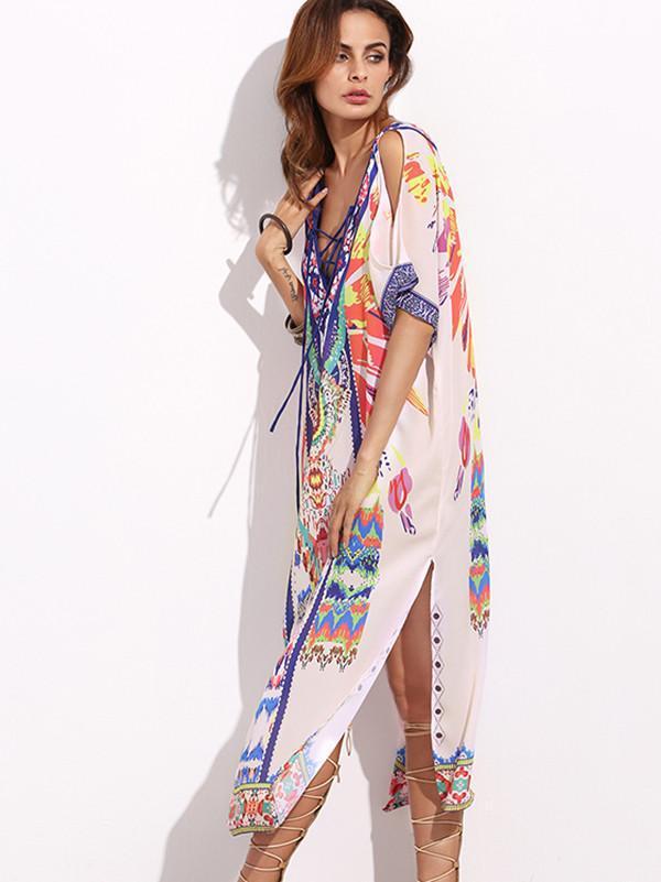 V-neckline Short Sleeves Maxi Print Bohemia Dress