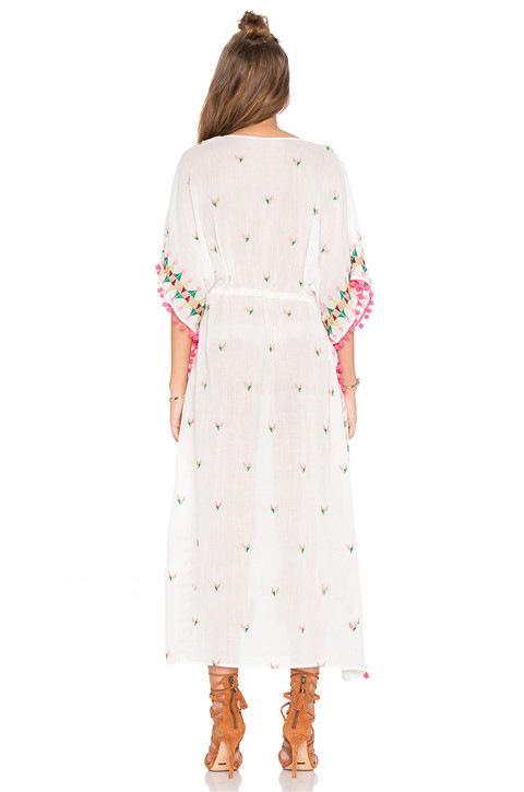 Bohemian embroidered ball pompoms drawstring tassel kimono-style dress