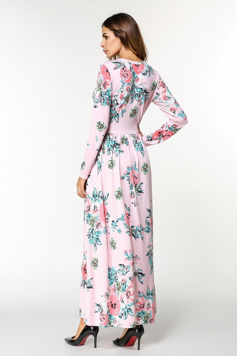 Elegant Floral Print Long Sleeve Round Neck Bohemia Maxi Dress