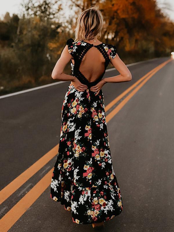 Floral Print V Neck Sleeveless High Waist Irregular Maxi Dress