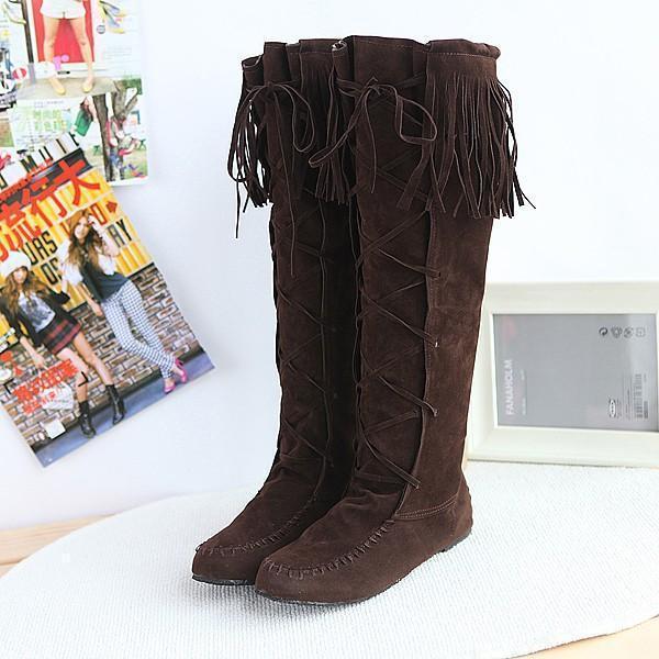 Hot sequined four seasons universal sleeve flat Fringed large yards female boots