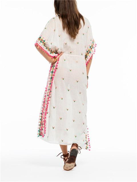 Bohemian embroidered ball pompoms drawstring tassel kimono-style dress