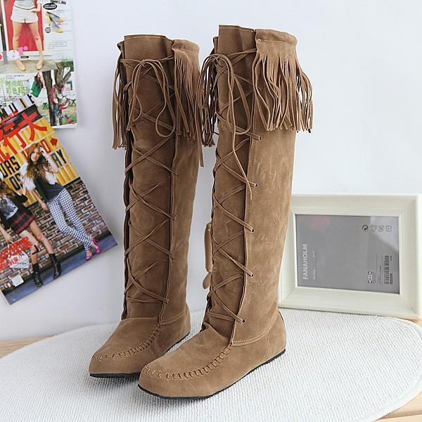 Hot sequined four seasons universal sleeve flat Fringed large yards female boots