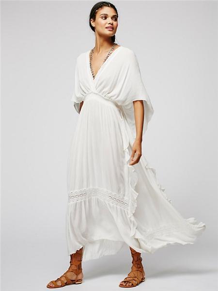 V Neck Short Sleeve High Waist Loose Maxi Dress