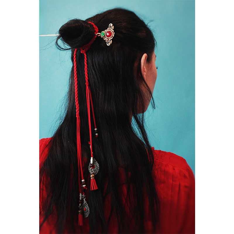 Ethnic Tibetan Headdress Magenta Hair Rope Hair Accessories Tassel Hair with Antique Headband