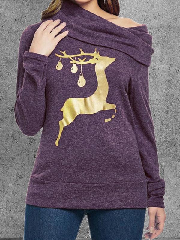 Christmas Deer Printed Heap Collar Long Sleeve Hoodie